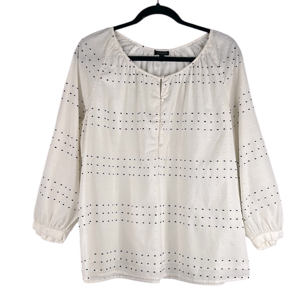 Talbots Cream Swiss‎ Dot Black Peasant Long Sleeve Casual Coastal Top Size Large